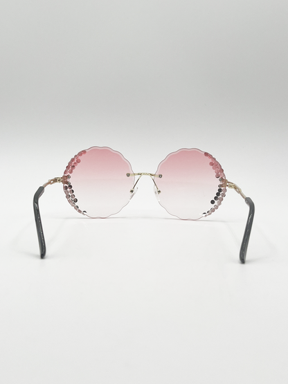 Oversized Round Frameless Sunglasses with Crystal Detail in Pink