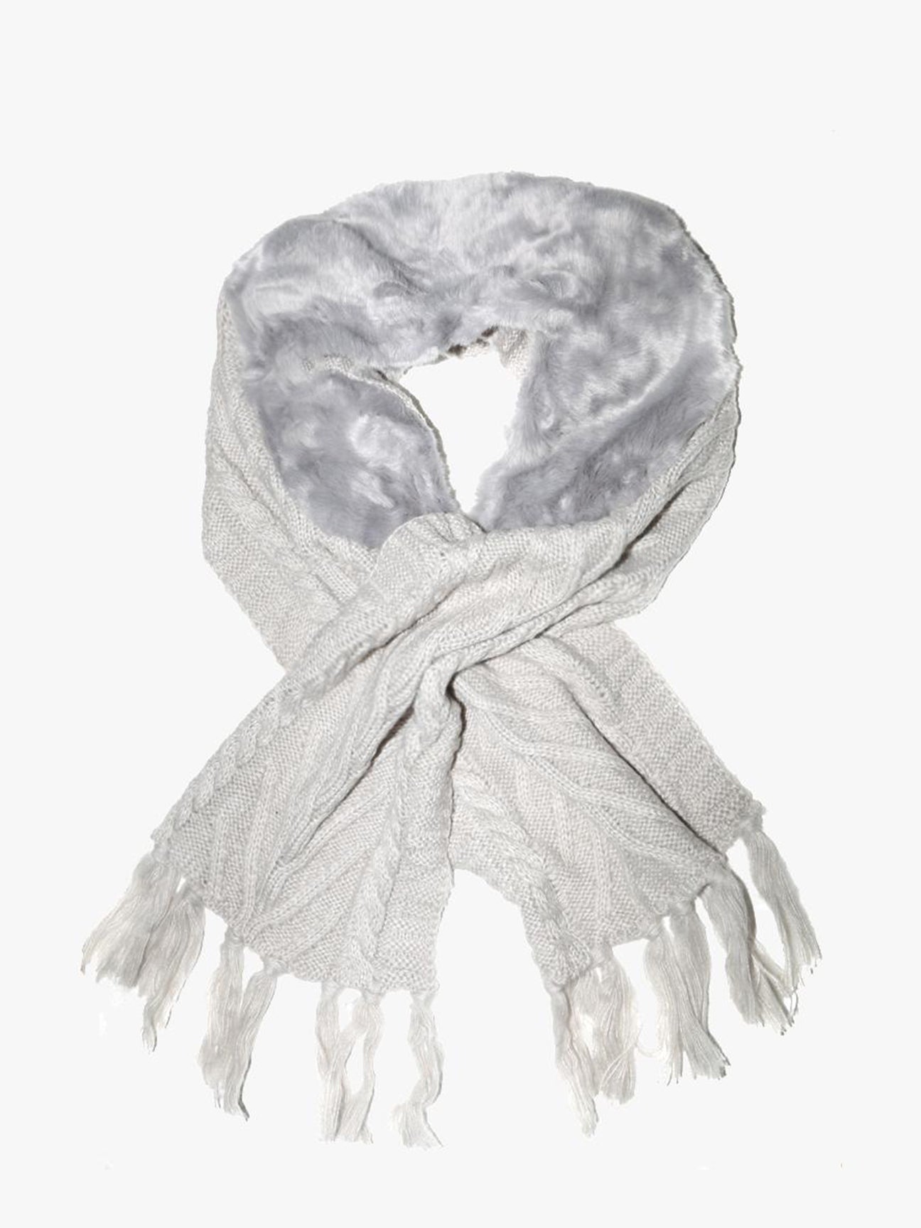 Grey Chunky Knit Scarf With Faux Fur Collar