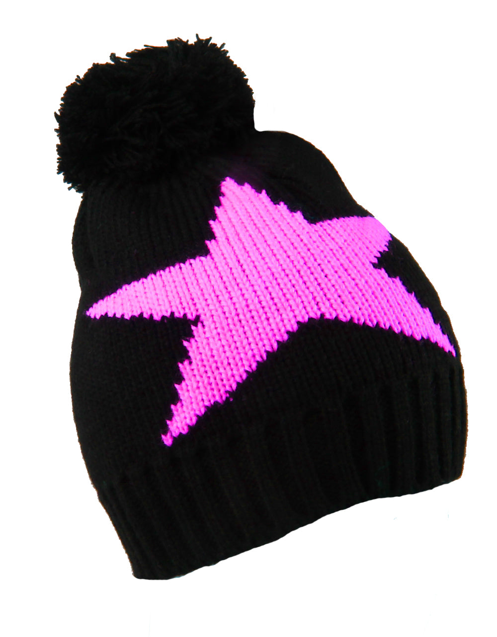 Knitted Beanie In Black With Pink Star Detail