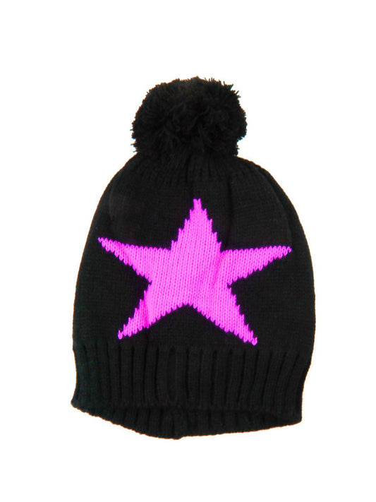 Knitted Beanie In Black With Pink Star Detail