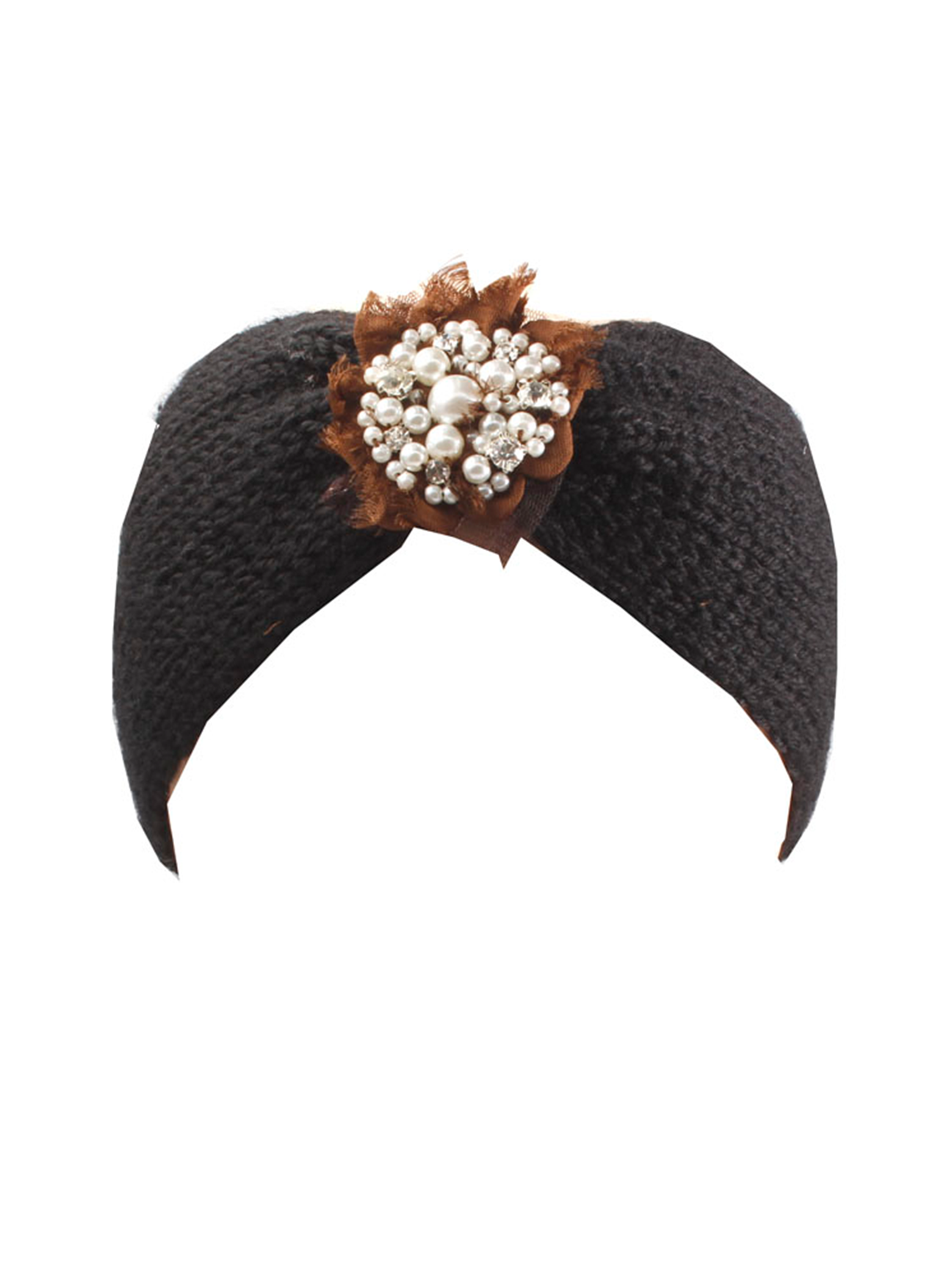 Black Knitted Headband With Pearl and Gem Flower