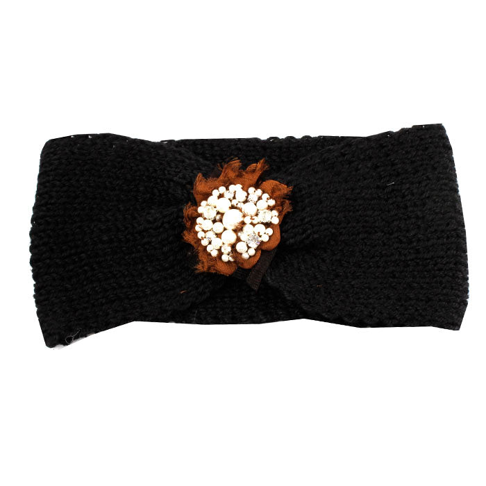 Black Knitted Headband With Pearl and Gem Flower