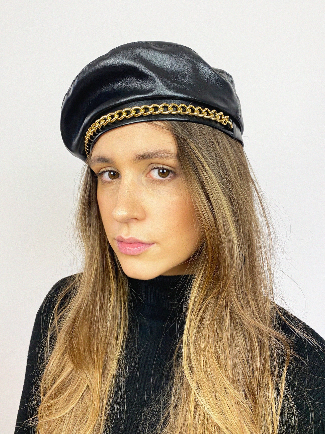 PU Leather Beret With Gold Metal Chain Detail