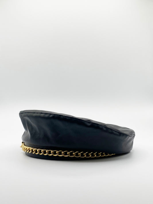 PU Leather Beret With Gold Metal Chain Detail