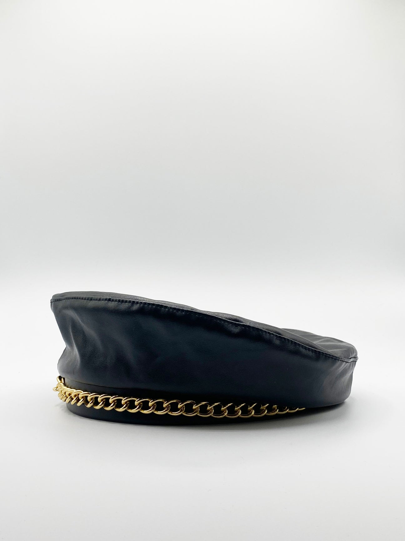 PU Leather Beret With Gold Metal Chain Detail
