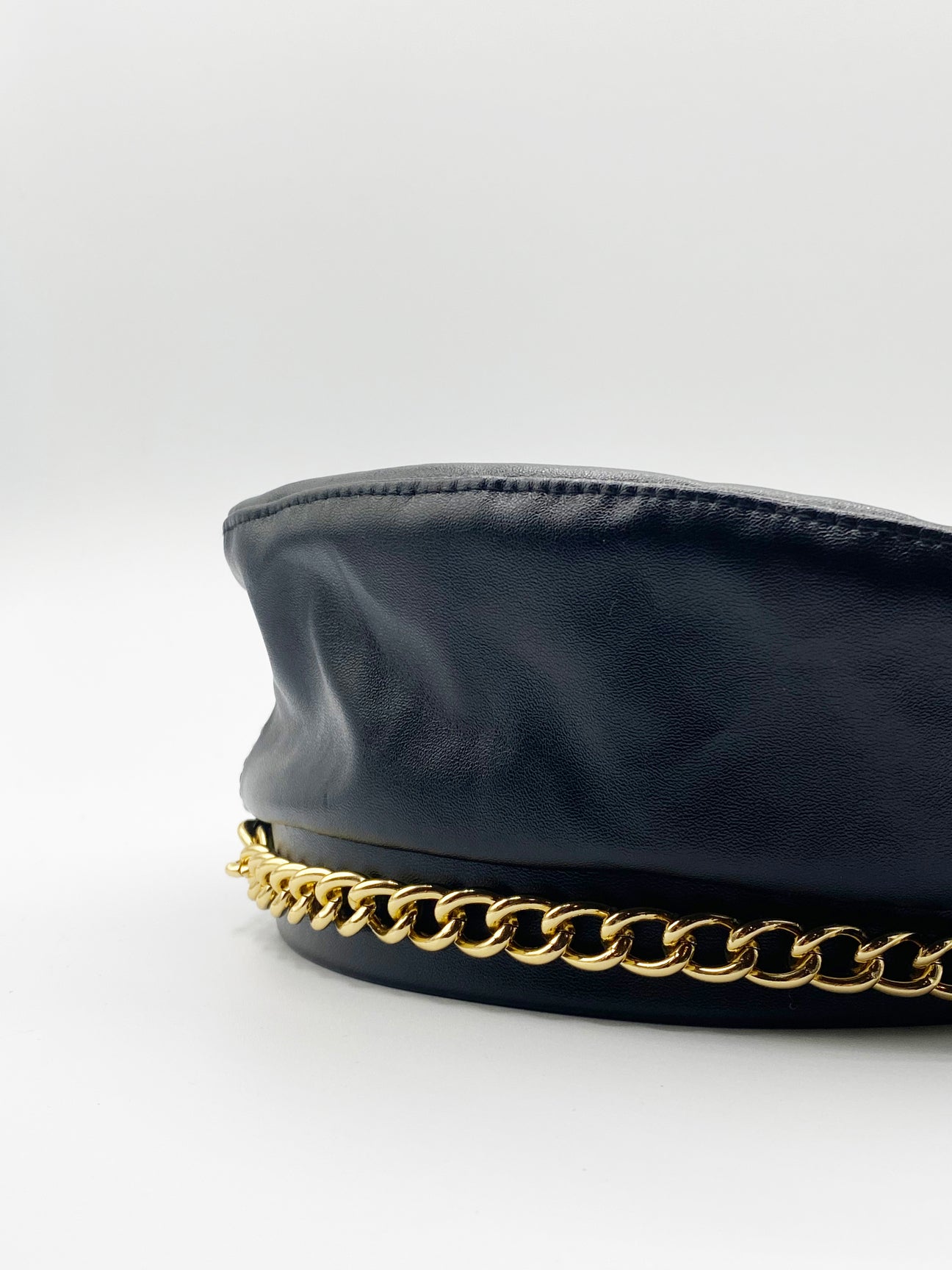 PU Leather Beret With Gold Metal Chain Detail