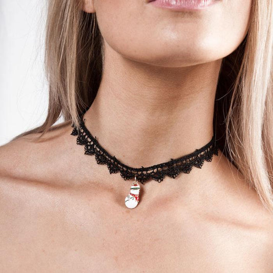 Black Corded Lace Scallop Effect Choker Necklace With Snowman Pendant - Accent Fashion Accessories