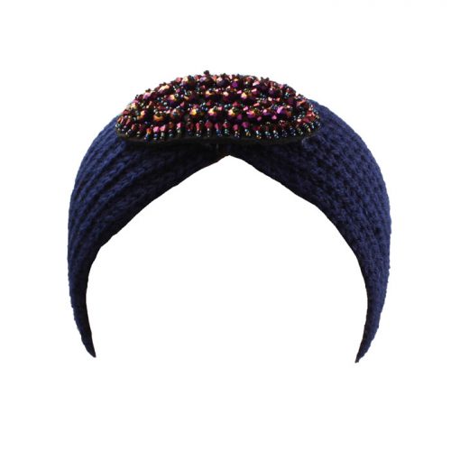 Navy Knitted Headband With Purple Jewel Detail