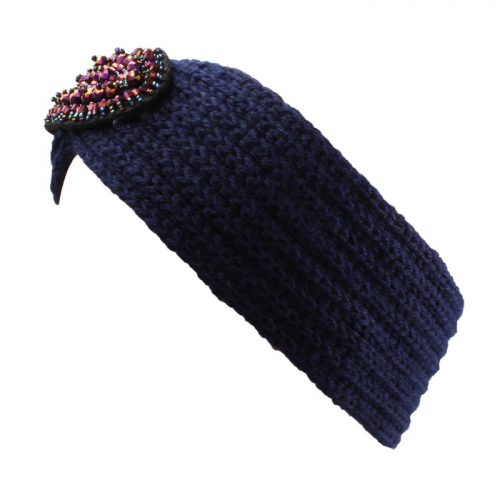 Navy Knitted Headband With Purple Jewel Detail